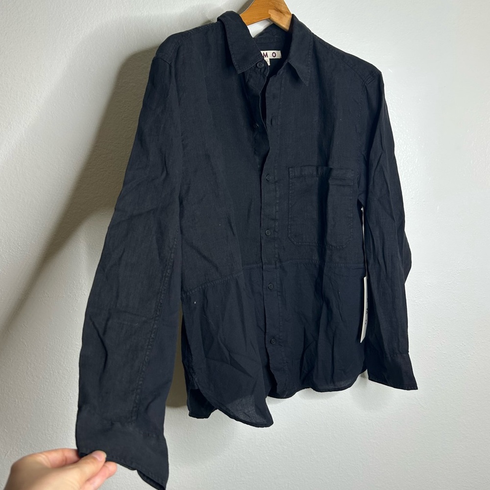 NWT AMO Cotton Linen Panel Black Long Sleeve Button Down Gwen Shirt